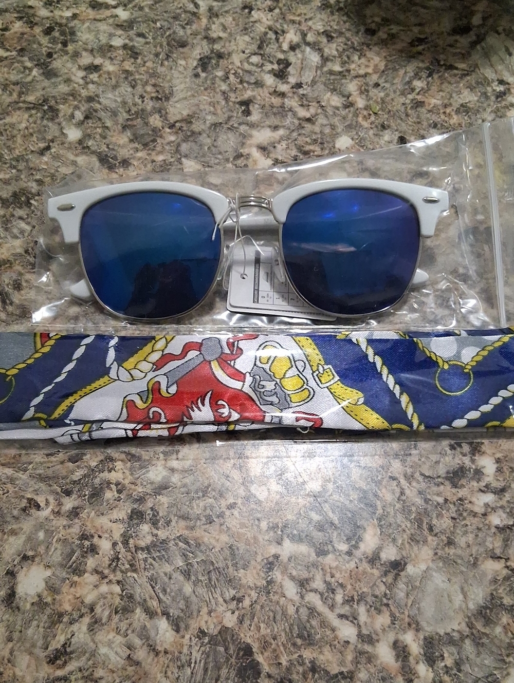 Owlwhite Sunglasses with Blue Mirrored Lenses/ With Twilly